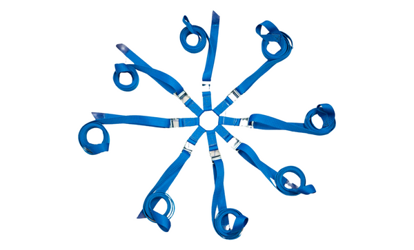 A blue cargo harness with multiple buckles and straps arranged in a circular pattern against a white background.