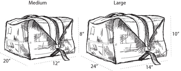 Illustration of a medium and large bag with dimensions labeled.