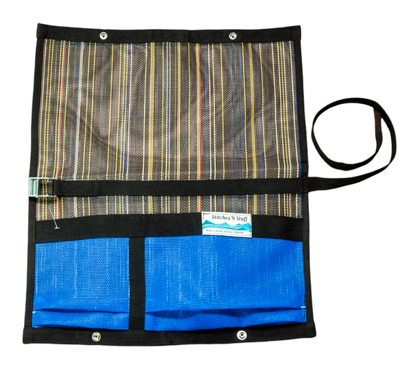 A blue mesh handwash station caddy showing  its storage pockets and attachment cam strap