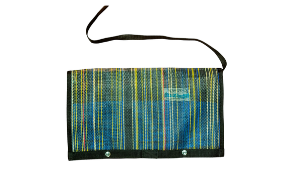 A blue mesh handwash station caddy showing it buttoned closed to contain the contents of the pockets