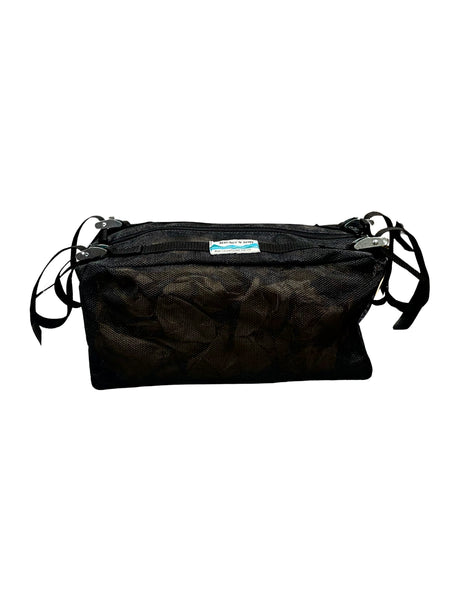 A back mesh cargo bag with black raft frame attachment straps, a full-length top zipper, and a carry handle on a white background.