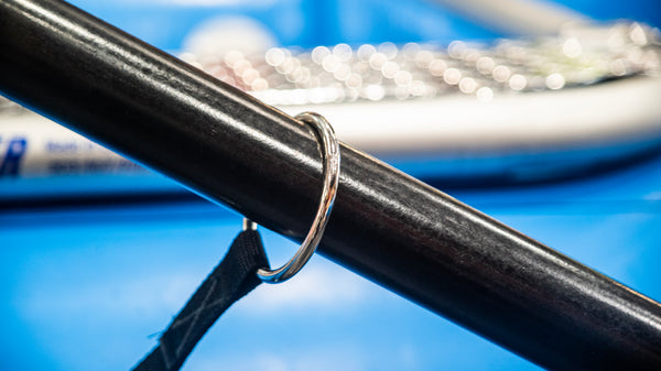 Close up of the stainless steel ring attached to the oar leash on a Sawyer oar