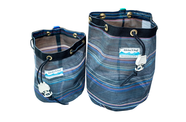 Two mesh round bottom cylindrical storage bags with rope cinch top closure. 