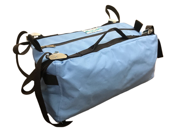 A blue cargo bag with black raft frame attachment straps, a full-length top zipper, and a carry handle on a white background. 