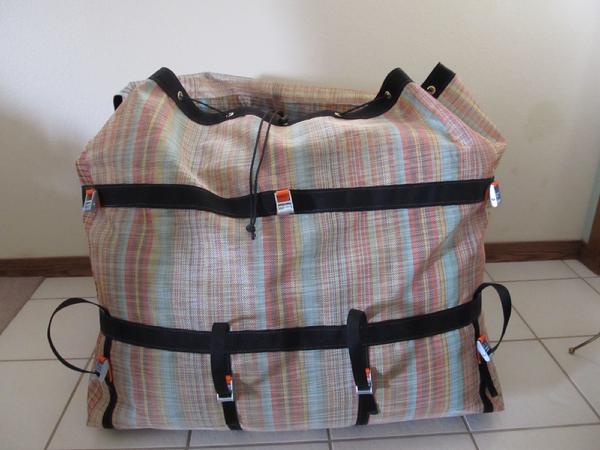 Mesh storage bag for catarafts with open Lid shows cordlock with 3/8" nylon cord drawstring closure