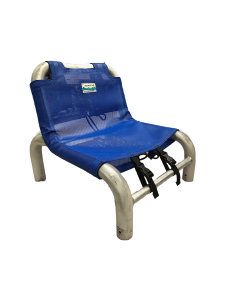 Blue mesh seat cover for an aluminum down river equipment captains seat. 